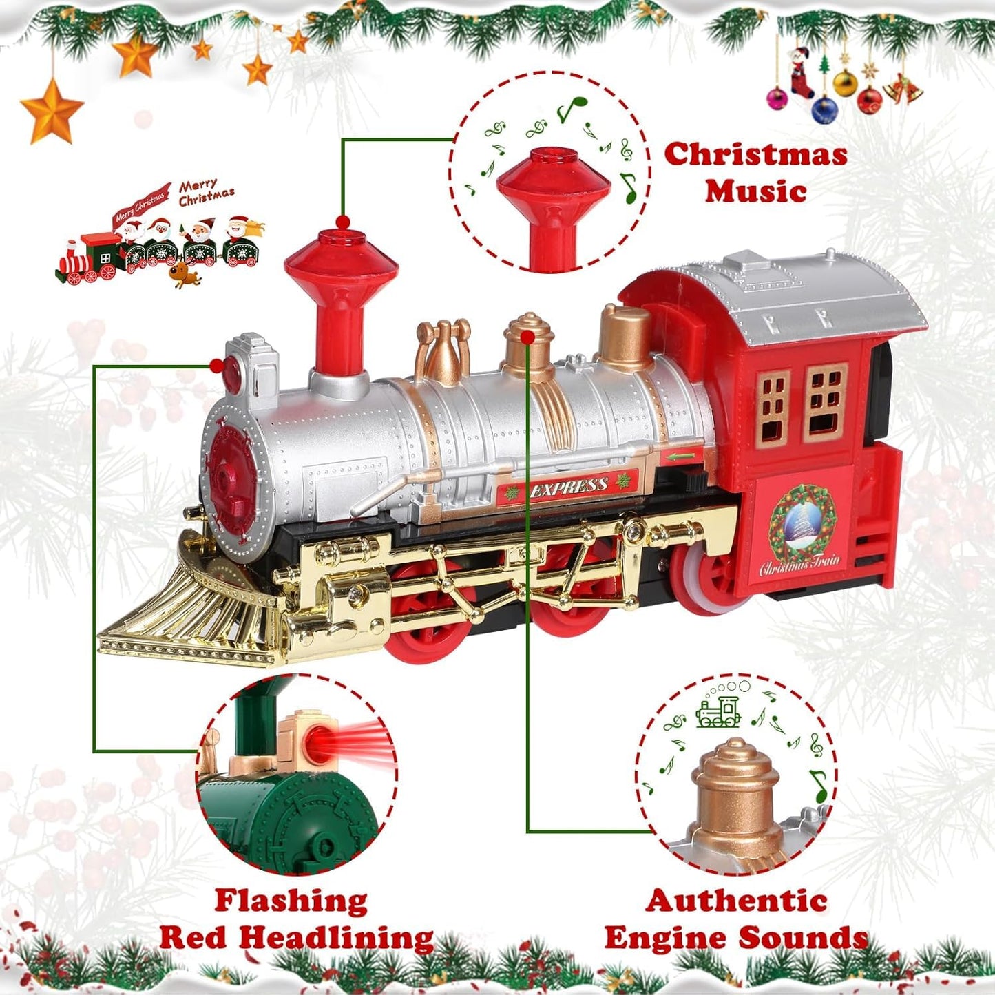 Christmas Train Set, Electric train for kids with sounds, Christmas train around the Christmas tree, Christmas Day gifts for 3-10+ year old boys and girls.