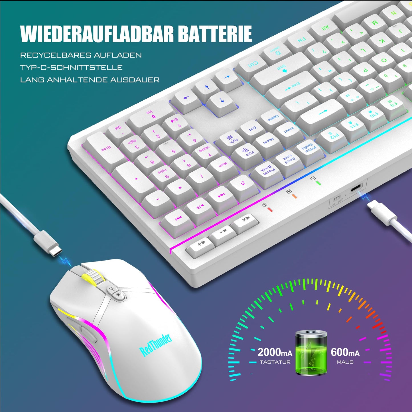 RedThunder K20 Wireless Gaming Keyboard and Mouse Set, QWERTZ DE Layout, RGB Backlight + Multimedia Function Keys, 4800 DPI Wireless Mouse for PC Mac Laptop (White)