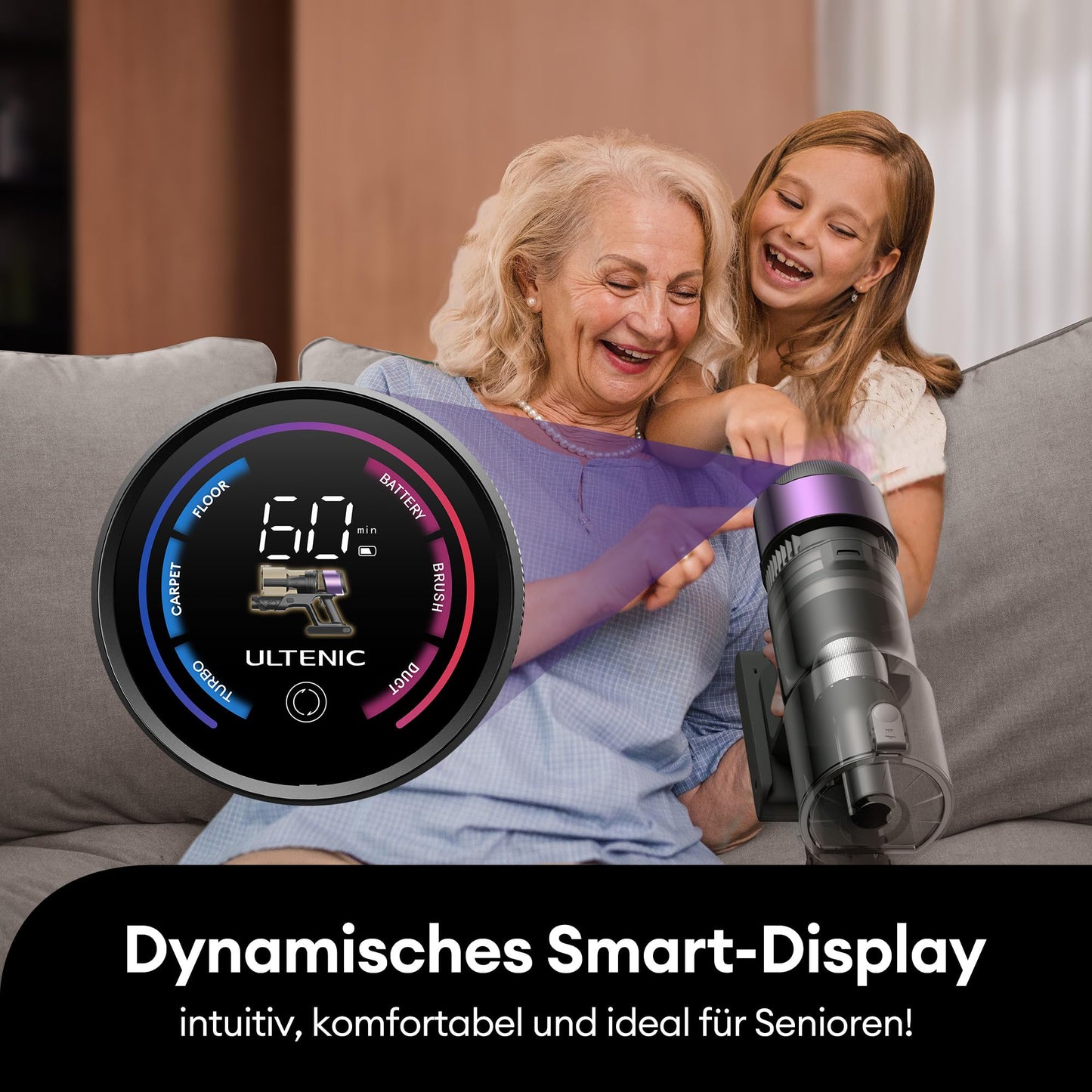 Ultenic Wireless Vacuum 55000Pa 60Min, Self-standing with Anti-Tangle Floor Brush, Green Eye Technology, LED Display, Quiet Battery Handheld Vacuum for Hard Floors & Carpets, Purple.