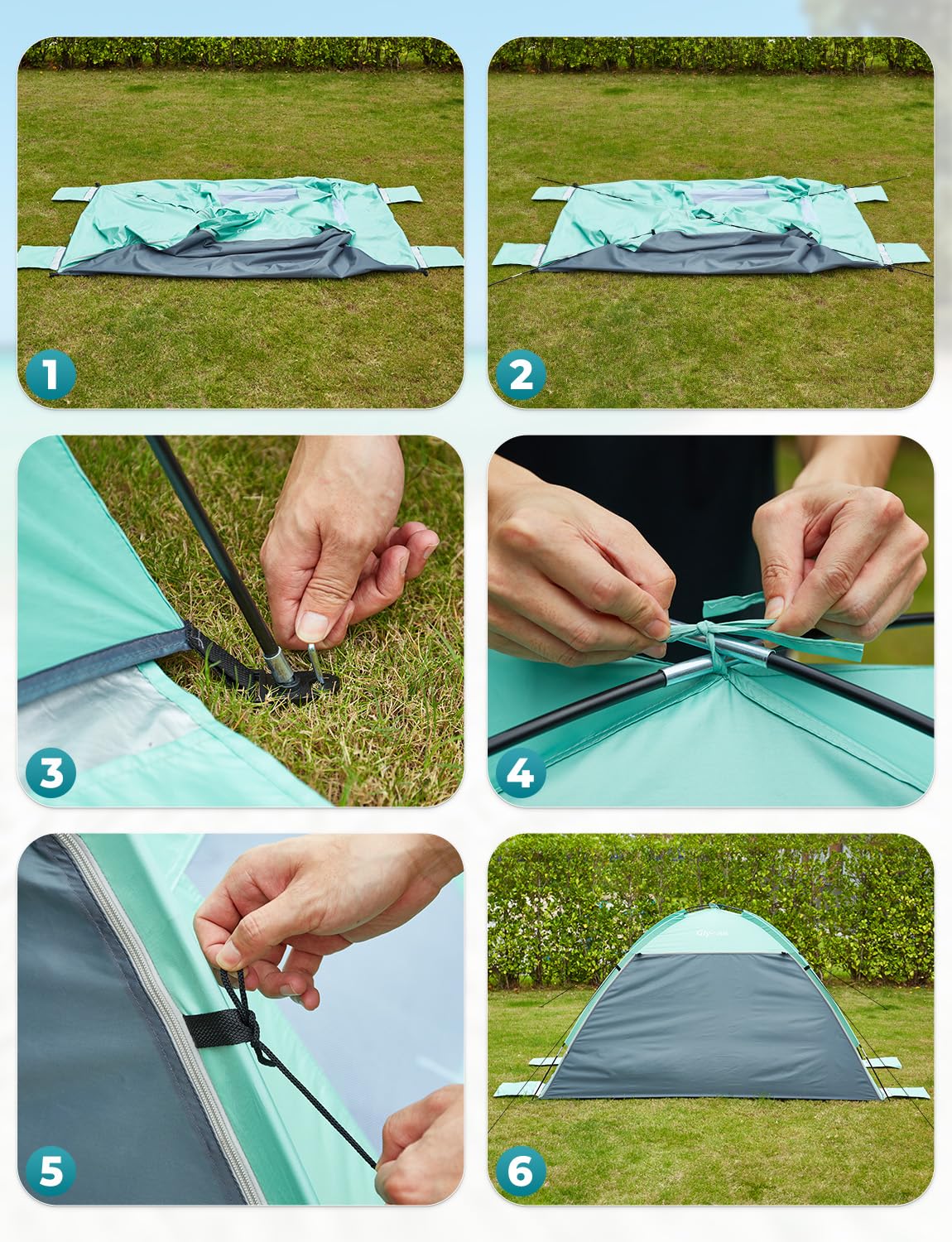 Glymnis beach tent with 2 zippered doors, UV protection UPF50+, windproof, compact size for 2-3 people.