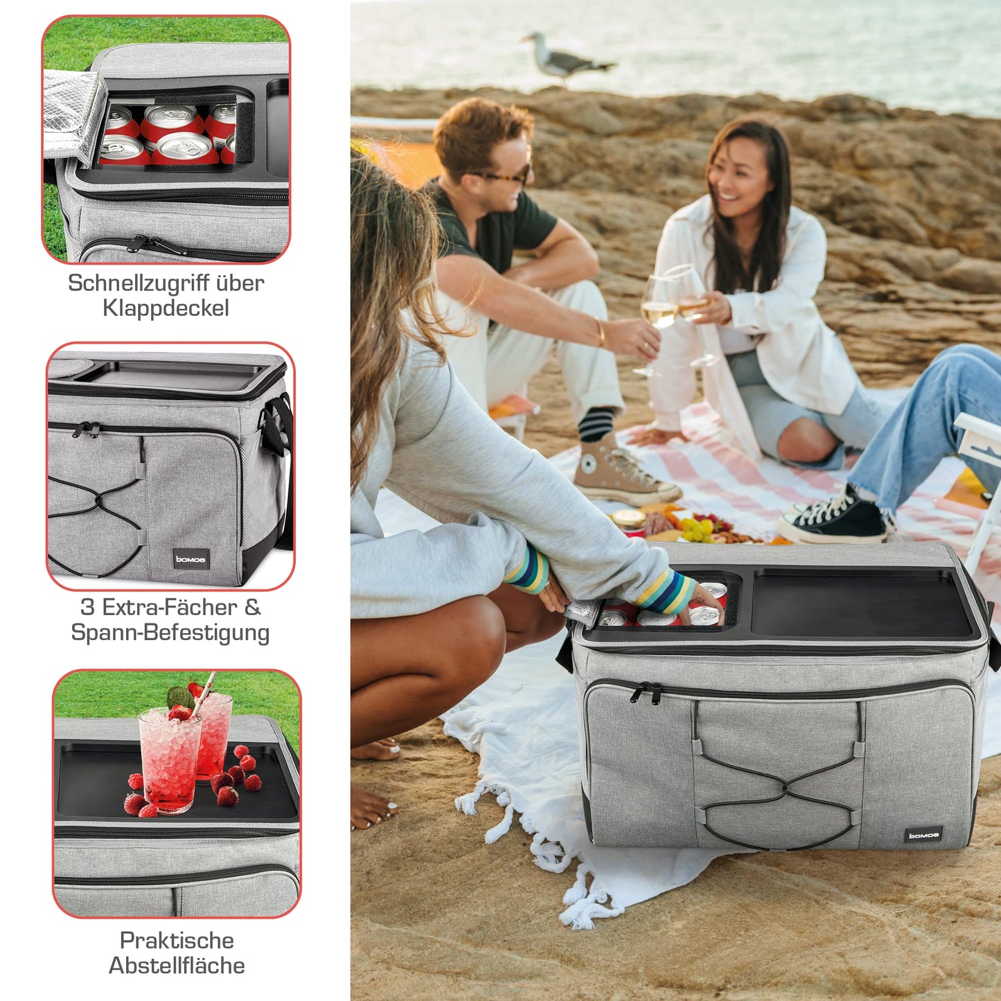 Bomoe 45 liter cool bag foldable - outdoor cool box with 16h cooling function and carrying strap, waterproof picnic bag thermal bag with storage space, insulated bag gray - IceBreezer KT43