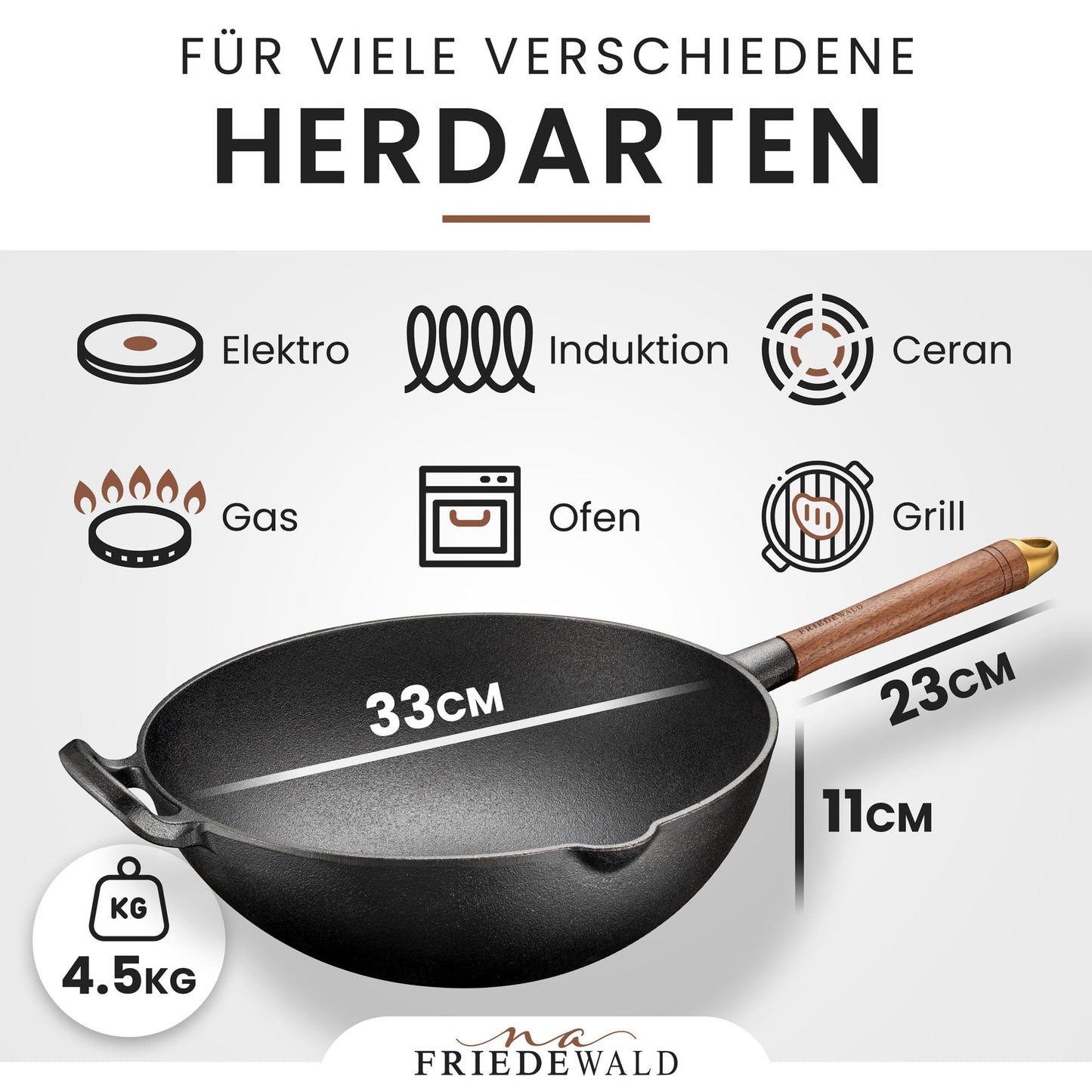 Friedewaldยฎ Cast Iron Wok with Lid - induction compatible - 33cm 5L / for 4-6 people - all cooktops - large grill & frying pan - non-stick coating - high rim - braising pan