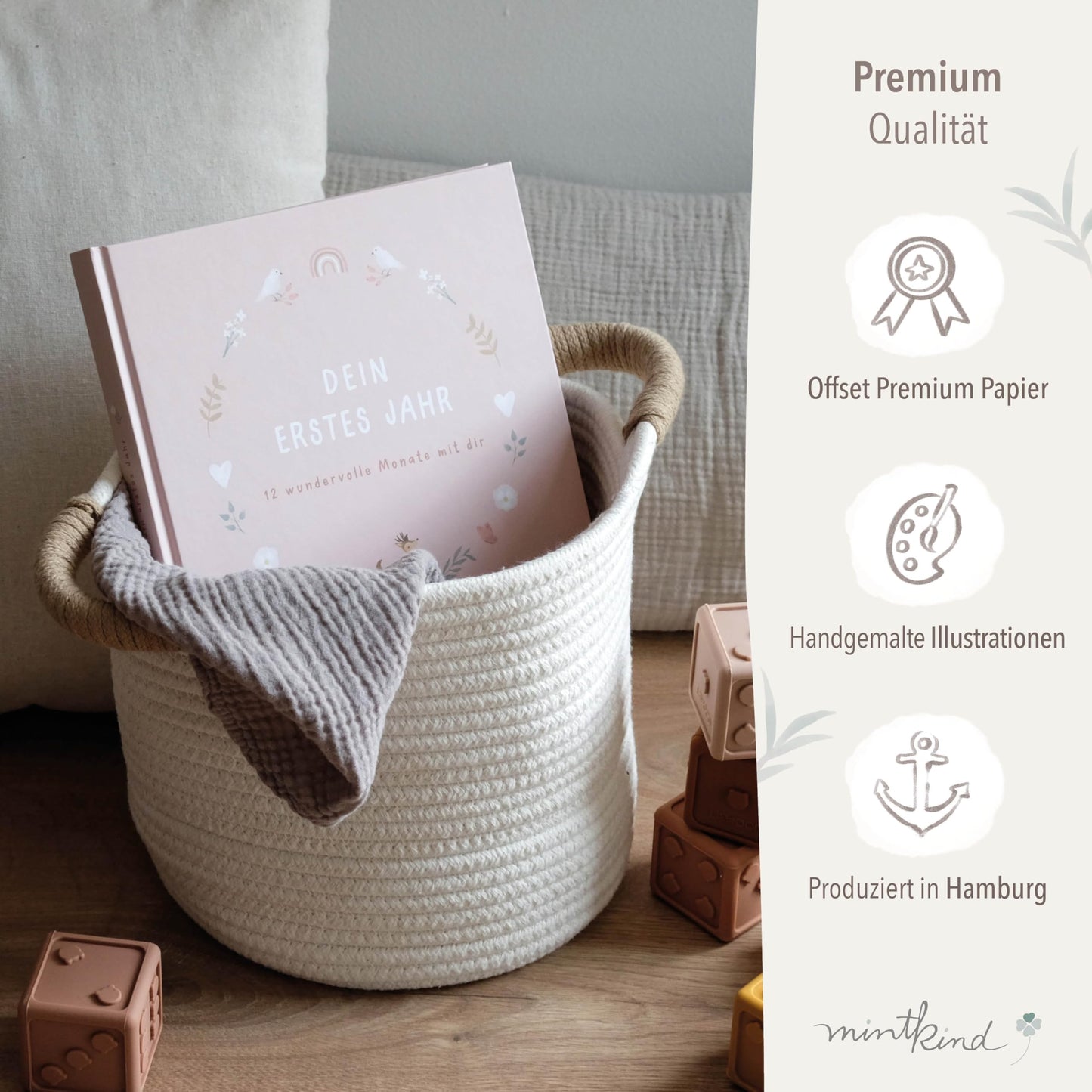mintkind® Baby Album "My First Year" Flower + Sticker Set | Baby Photo Album for Personalization | Baby Gift for Girl and Boy | Baby Book for Memories | Baby Journal from 0 Months