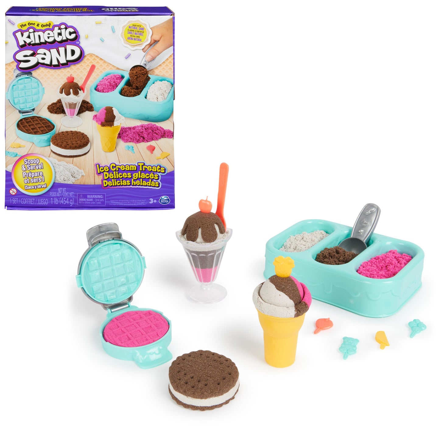 Kinetic Sand Ice Cream Set - with 454g of original magic sand from Sweden and lots of accessories for creative indoor sand play fun, for children aged 3 and up.