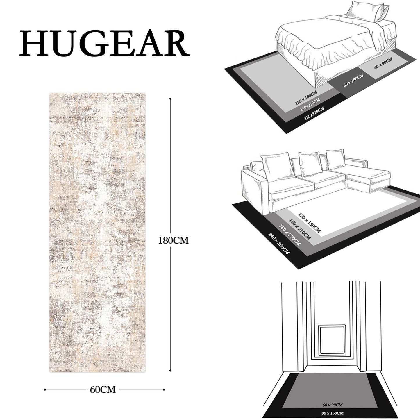 HUGEAR Washable Runner Rug Hallway 60 x 180cm Beige Grey Modern Abstract Kitchen Living Room Bedroom Carpets Rug Runner Non-Slip Low Pile Soft Hallway Runner Rug Bedside Rug