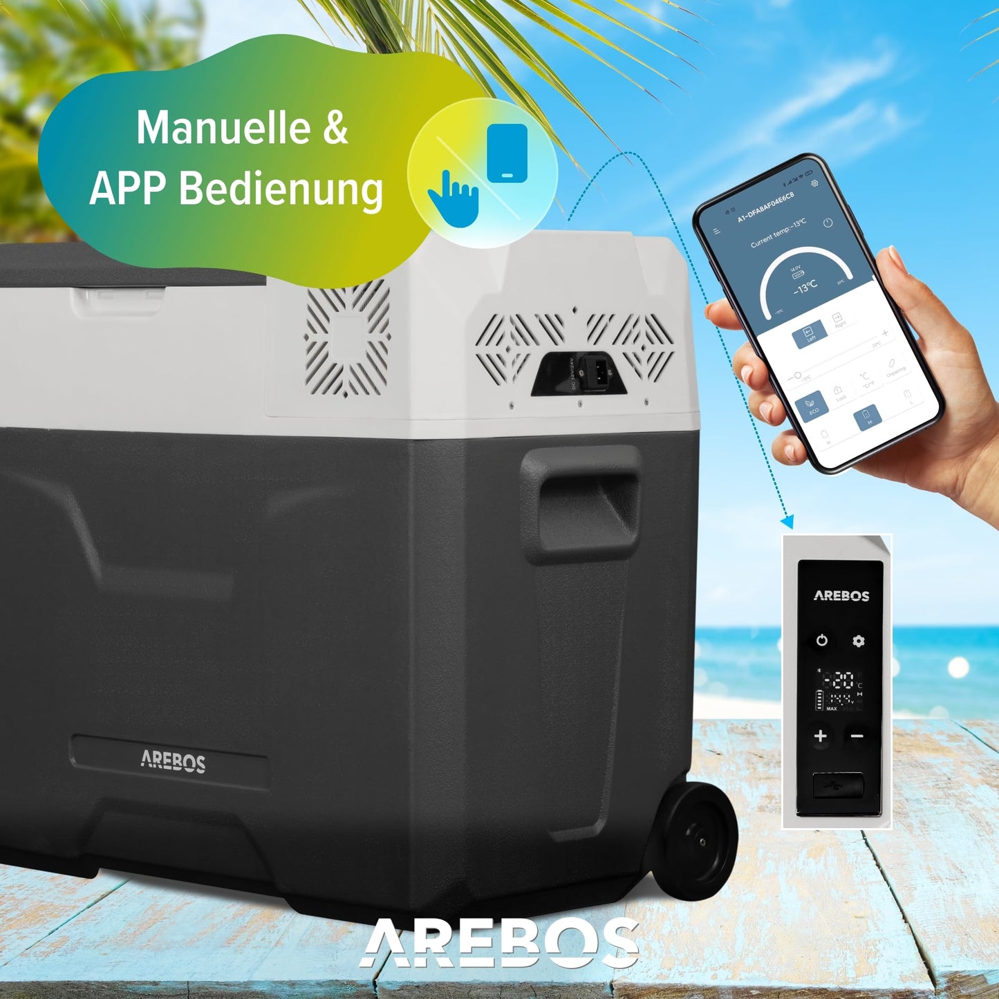 Arebos compressor cooler box with wheels 47L Electric freezer box with APP & smart control Cooling and heating function Mobile cooler with USB port 12/24 V 230V for car, truck, camping, boat, motorhome