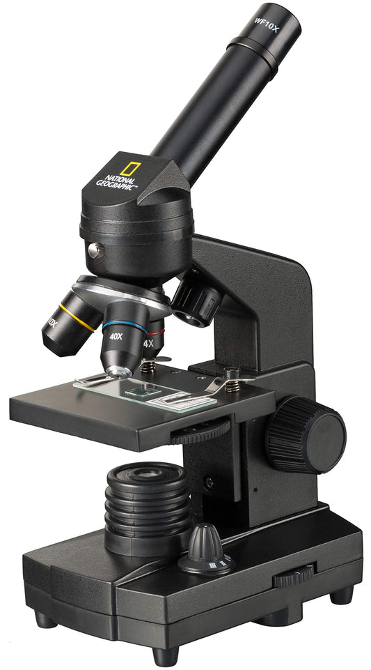 National Geographic 40-1280x microscope with incident/transmitted light illumination, smartphone holder, and extensive accessories for beginners in microscopy, black