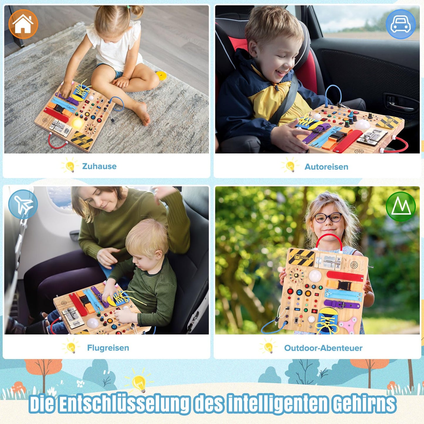 23 in 1 Busy Board Montessori toy from 1 year old Activity Board toy from 2 3 years old Wooden toy Sensory toy with 15 switches, 26 LED lights, music box, lock, zipper, shoelaces