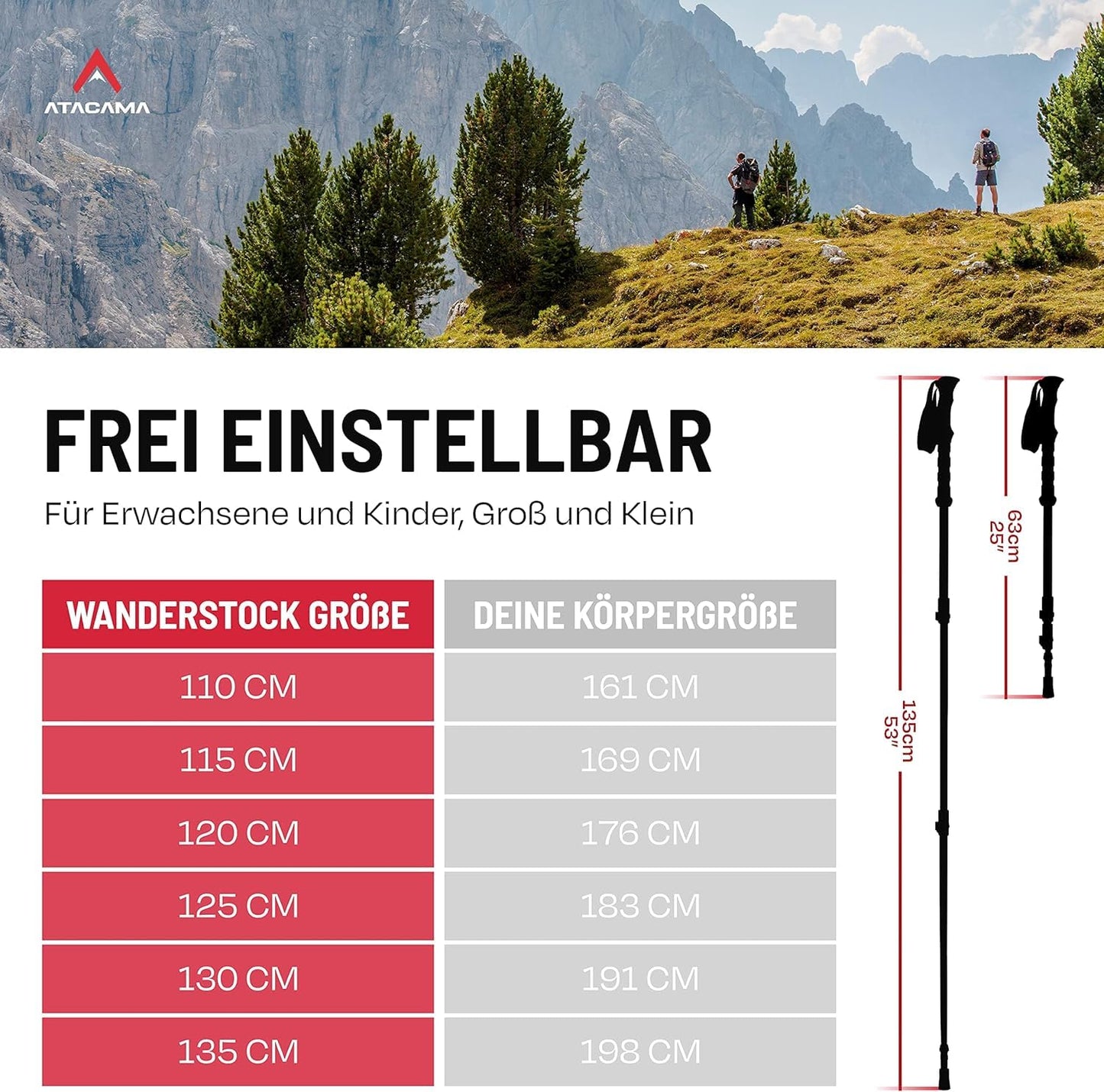 ATACAMA telescopic aluminum hiking poles - Nordic walking poles for men and women - Adjustable rubber tips - Lightweight trekking poles adjustable hiking poles.