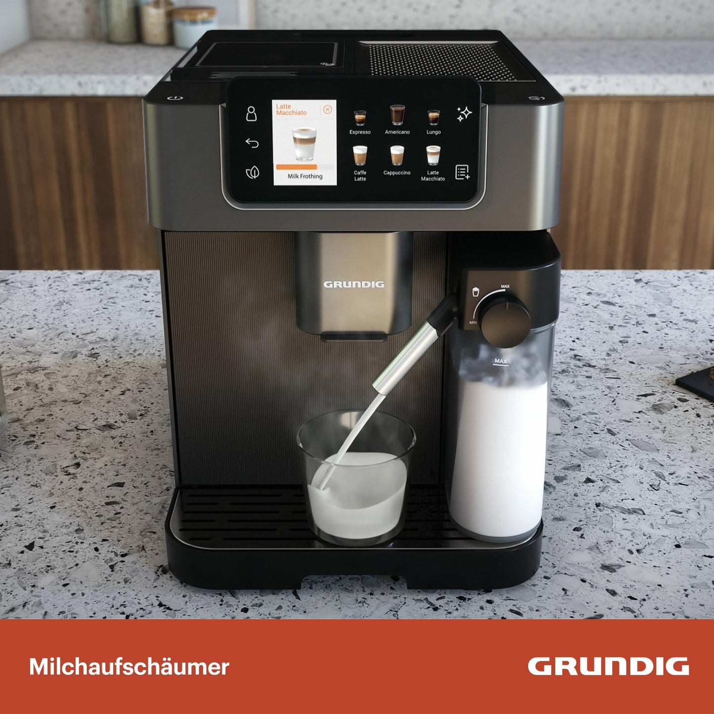 Grundig KVA 8230 fully automatic coffee machine, 18 coffee specialties, 13 grind settings, milk container, powerful 1350 W, 19 bar pump pressure, dual nozzle, lighting, black/dark silver.