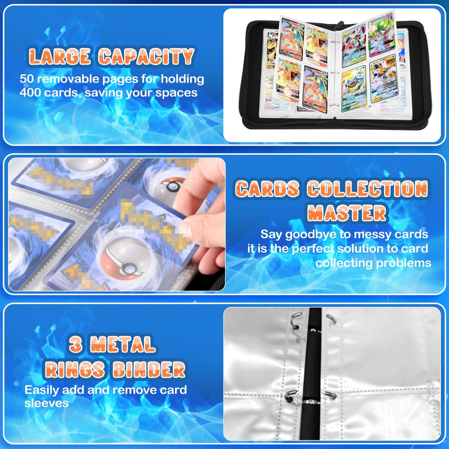Collectible card album, 50 pages, 400 card capacity. Portable, waterproof card holder folder for kids. Great gift for collectors.