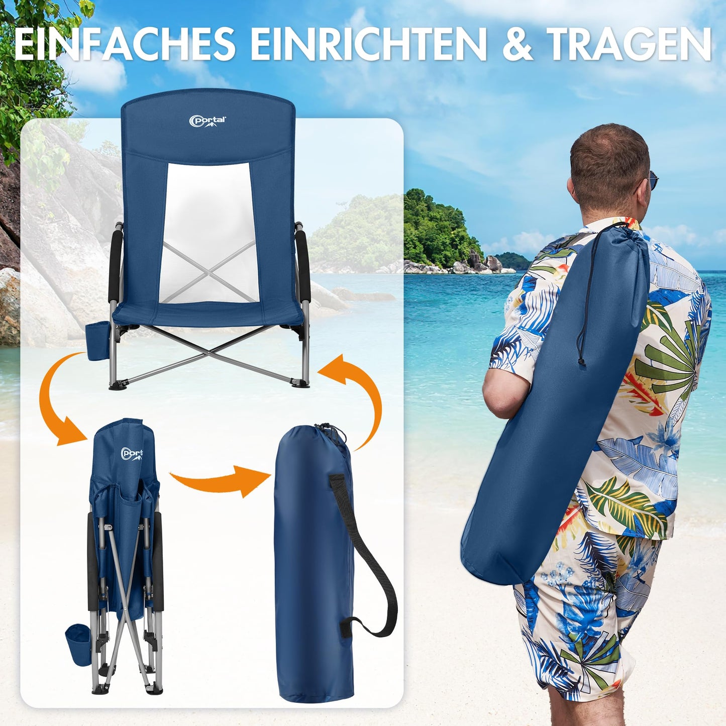 Portable beach chair, foldable and lightweight camping chair, supports up to 150KG, low breathable fabric, portable foldable chair with carry bag, drink holder for beach, garden, hiking.