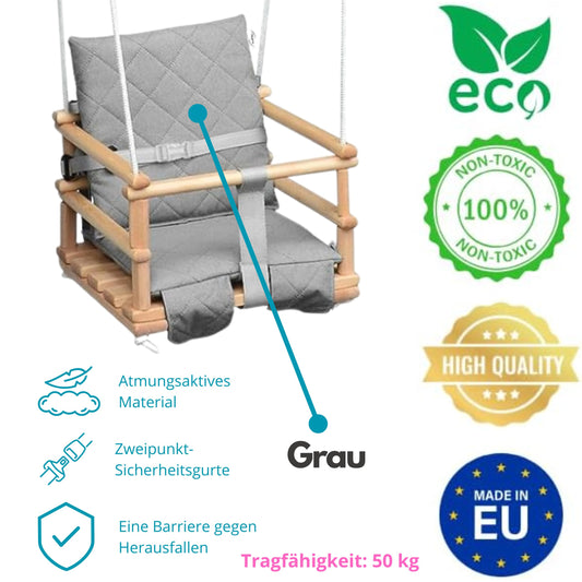 Wooden baby swing, children's swing, 3 in 1 swing for kids with safety belt, toddler swing, baby swing and swing seat, wooden children's swing for indoor and outdoor use (light grey)
