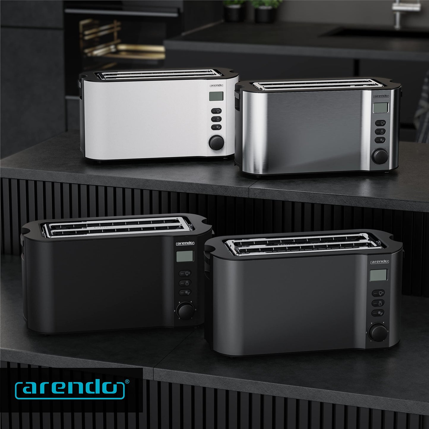 Arendo - Stainless Steel Long Slot 4-Slice Toaster - Double-wall housing - Integrated bun holder - Browning levels 1-6 - Bread centering - automatic shutdown - Display with remaining time display