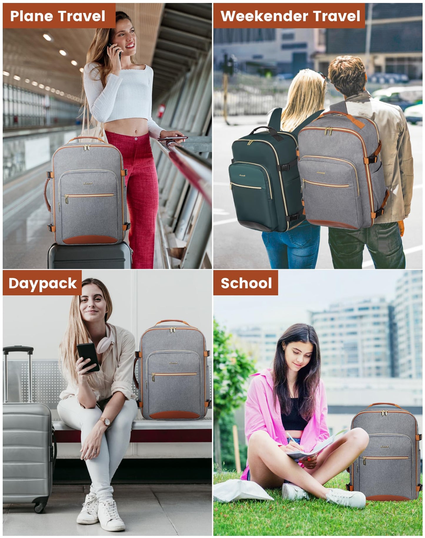 LOVEVOOK carry-on backpack, 40L large travel backpack for women, airplane suitcase travel backpack, waterproof duffel with 17-inch laptop compartment for travel, business trip, weekend hiking, gray.