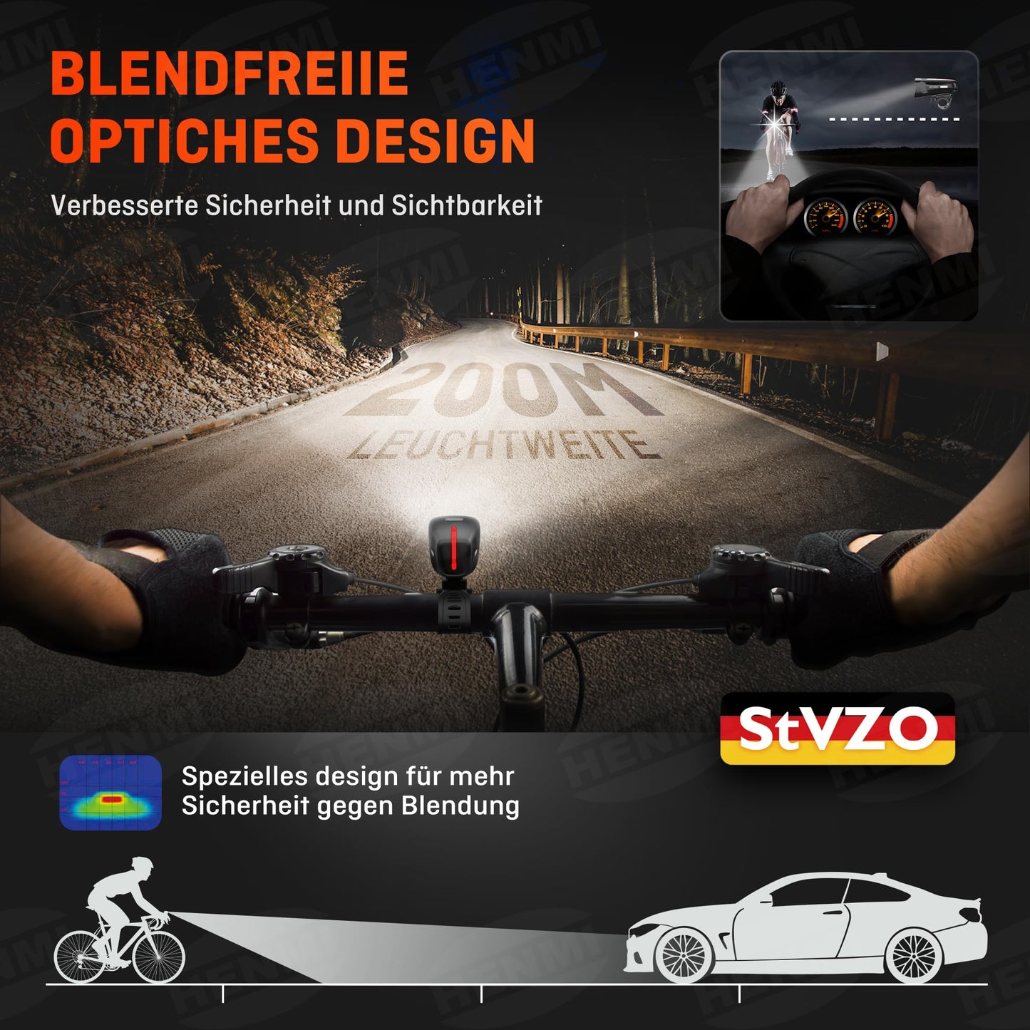HENMI LED front bike light 100 LUX, StVZO approved front bike lamp, IPX5 waterproof bike light USB Type C with low battery warning and 3 brightness modes bike light.