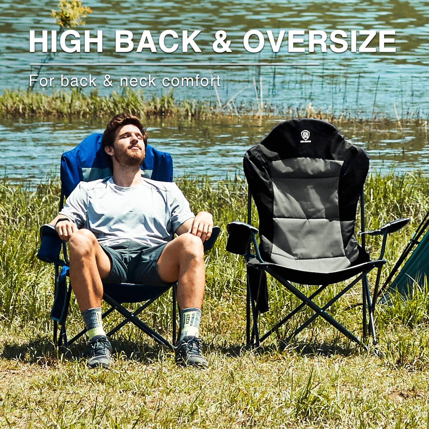 EVER ADVANCED Luxury Camping Chair Foldable 160KG Capacity Ultra Large with High Backrest, Comfortable Folding Chair with Side Pockets & Cup Holder for Camping Garden Balcony Fishing, Outdoor Chair Fishing Chair