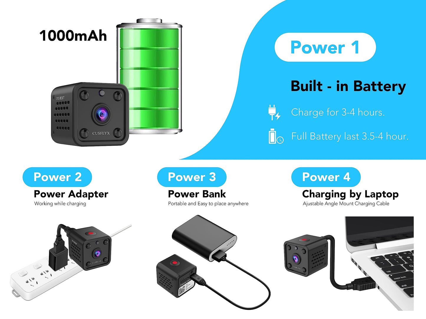 4K mini camera, CUSFLYX Cloud WIFI portable surveillance camera, battery operated, motion detection, IR night vision, nanny pet home office garage, wide angle, easy installation TF card recording.
