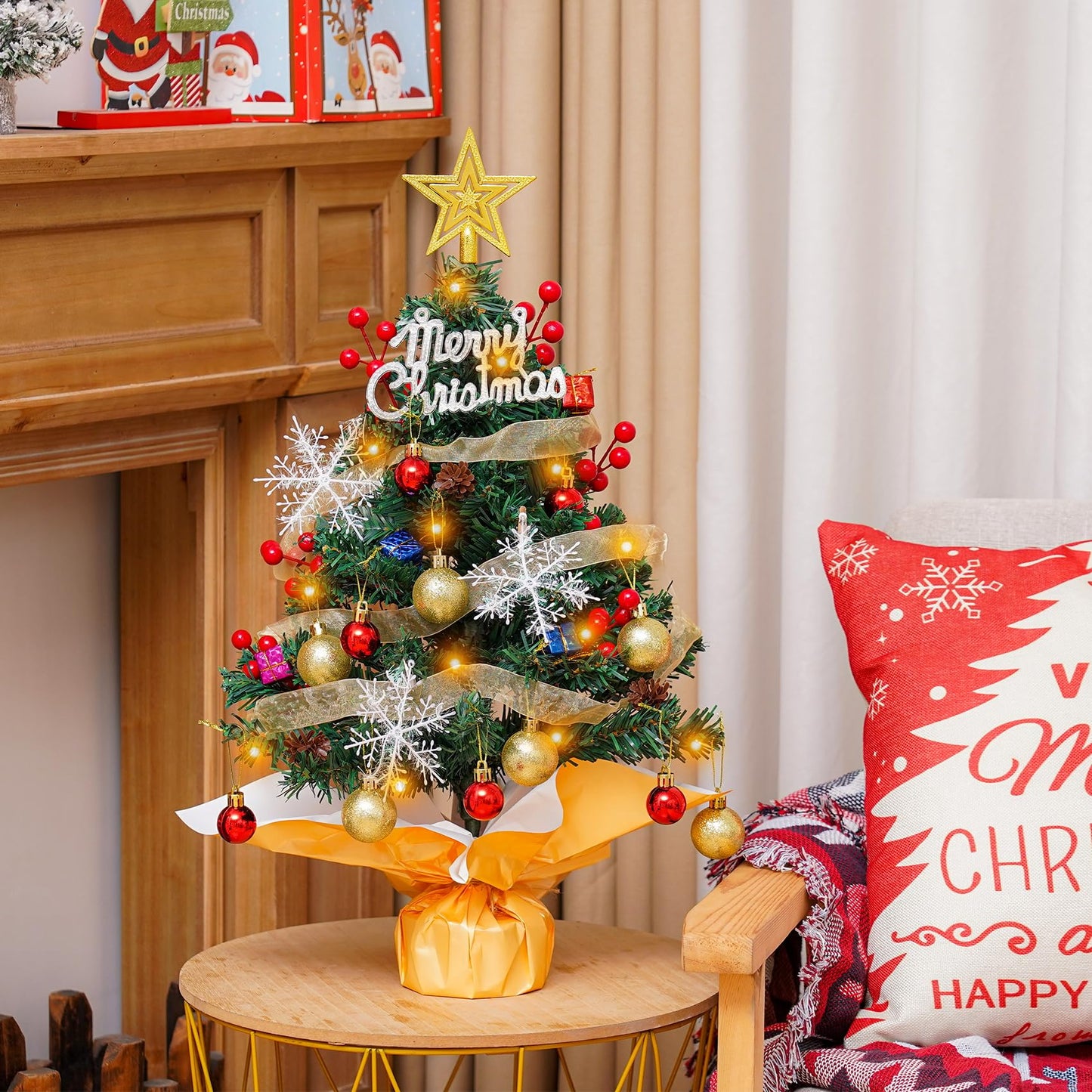 SKYVINWINE Mini Artificial Christmas Tree, Small Artificial Christmas Tree with LED Lighting, Mini Tabletop Tree for Christmas Decor, Green