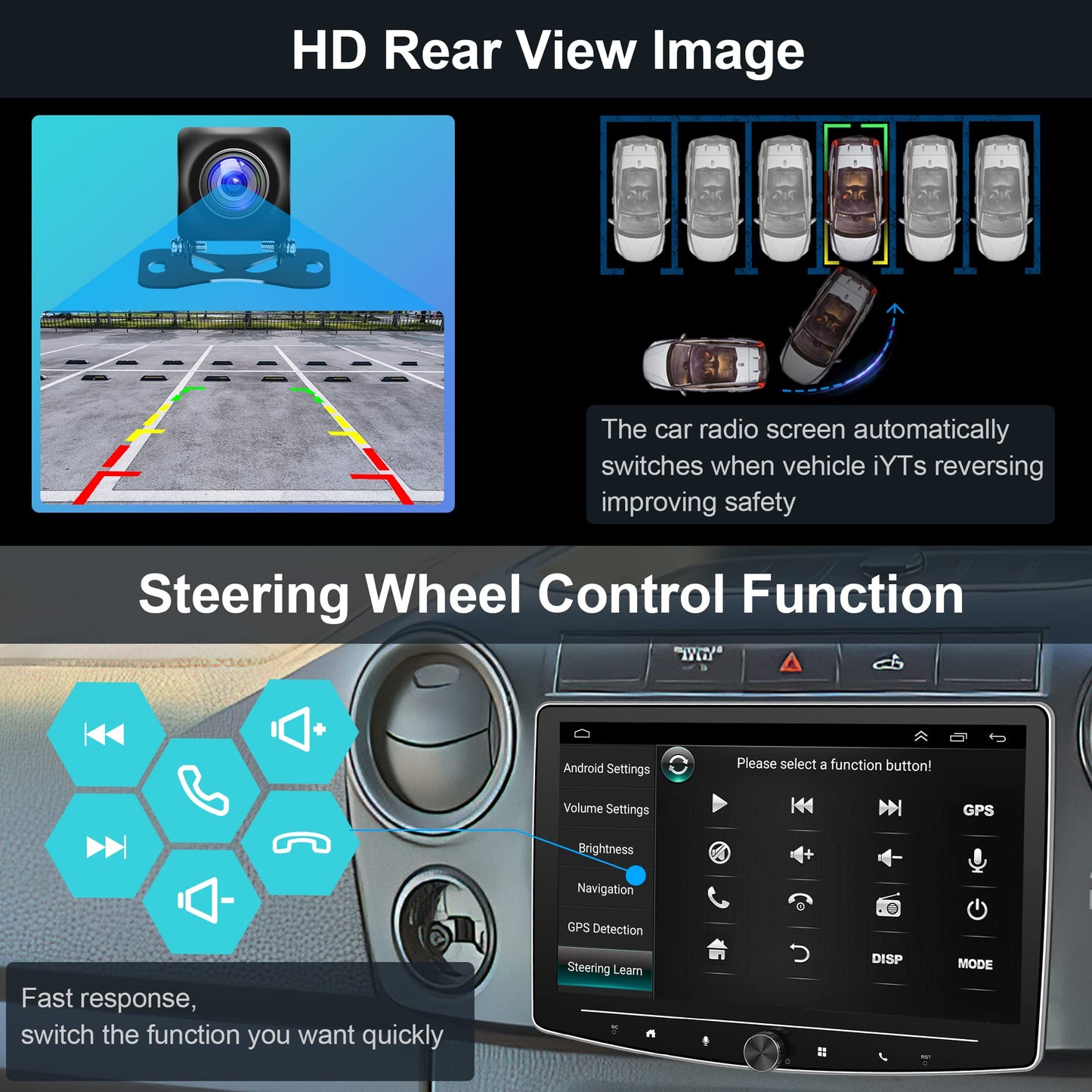 2+32G, 10" Car Radio Bluetooth 1 Din Wireless Carplay Android Auto with Navigation Swing Touchscreen Physical Button, Podofo Android FM RDS Radio HI-FI Sound with Dual USB MIC with Rearview Camera AHD
