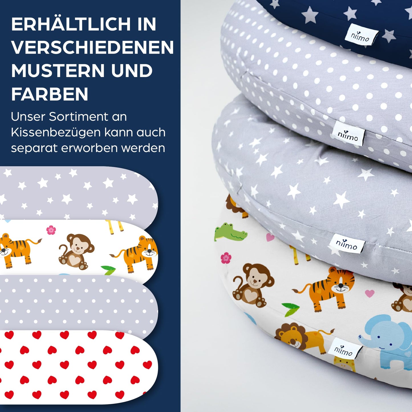 Niimo XXL 2-in-1 Pregnancy Pillow & Nursing Pillow - 100% cotton cover with fiber filling, 100% washable, ergonomic & multifunctional, Grey with white stars (200 x 70 cm)