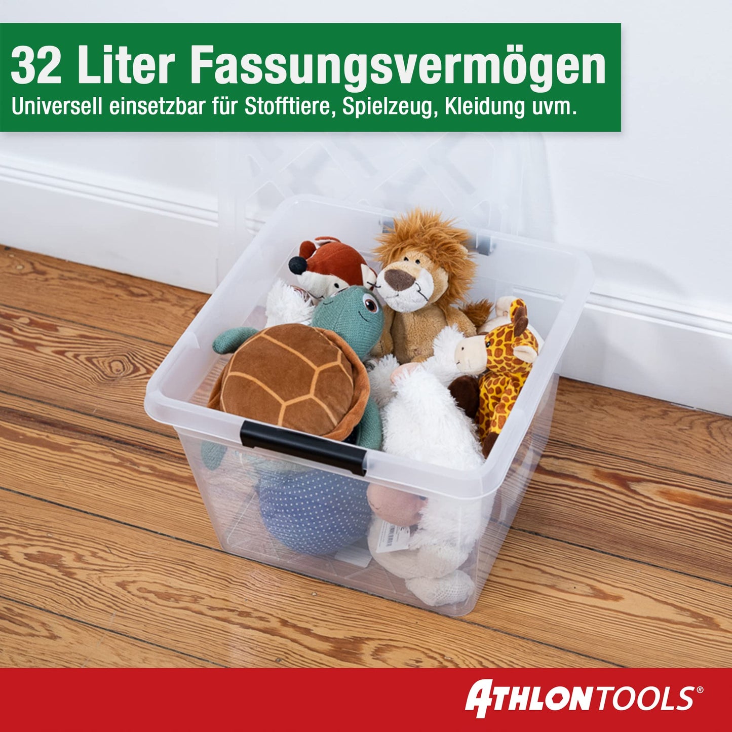 ATHLON TOOLS 4x 32 L Storage Boxes with Lid, food-safe - Closure Clips - 100% New Material Plastic Box transparent - Stackable Clothing Boxes…