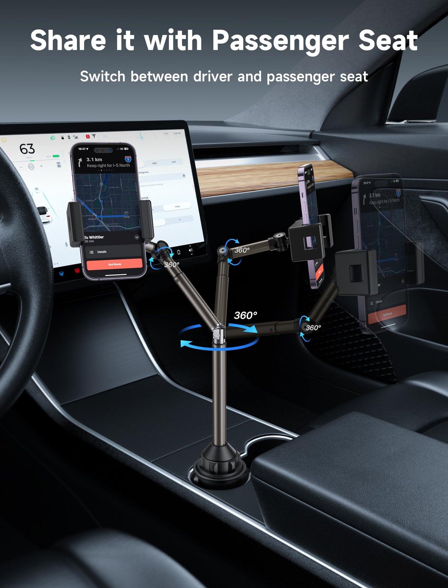JSAUX car cup holder phone mount, metal long arm stable phone holder for car - adjustable for iPhone 16 15 Pro Max 13 12 11, Samsung Galaxy S24 S23 Ultra, Google Pixel 9 Pro