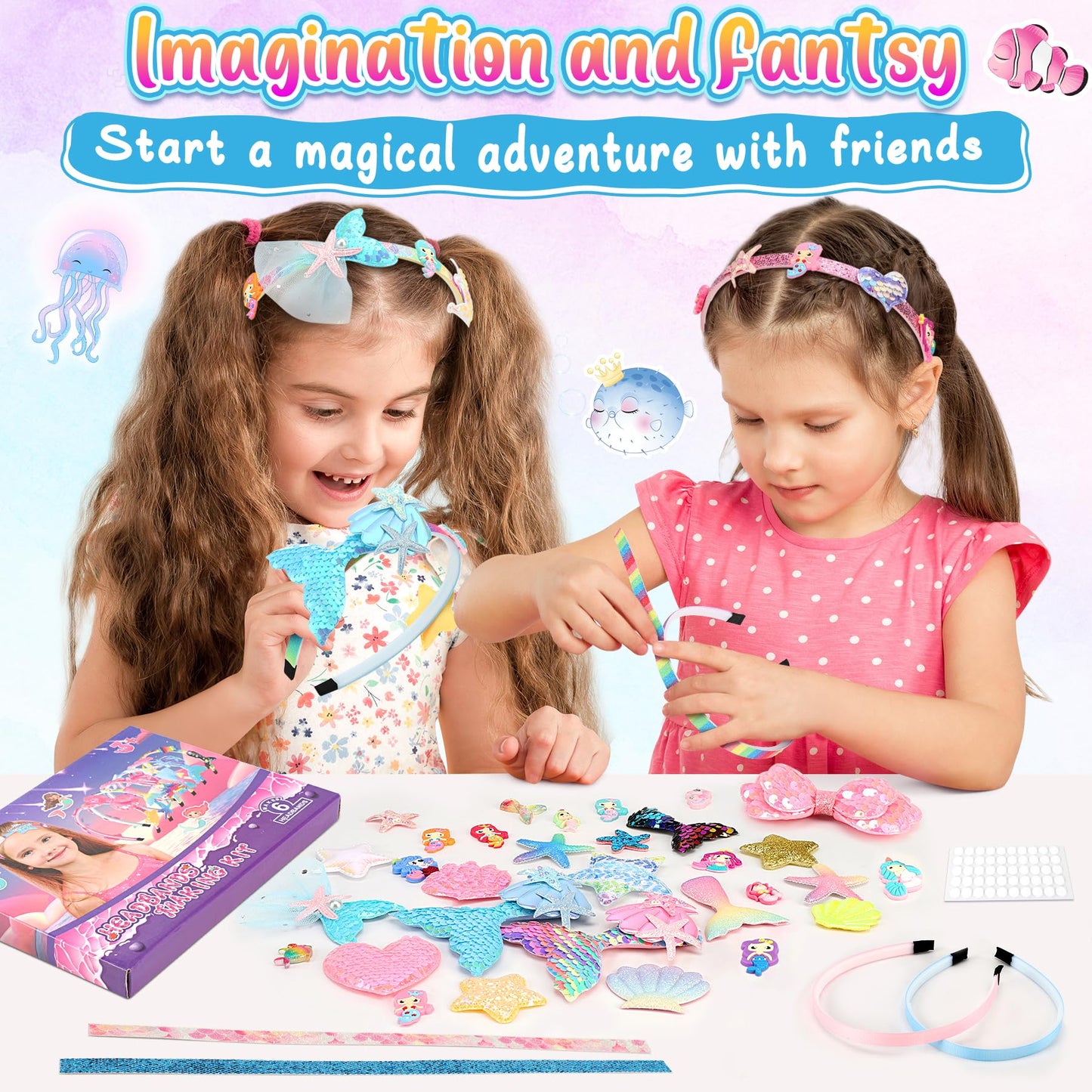 Pourbibi DIY headband making kit for girls, ages 5-12. Mermaid themed, perfect hair accessory for kids. Great gift idea! Craft toy.