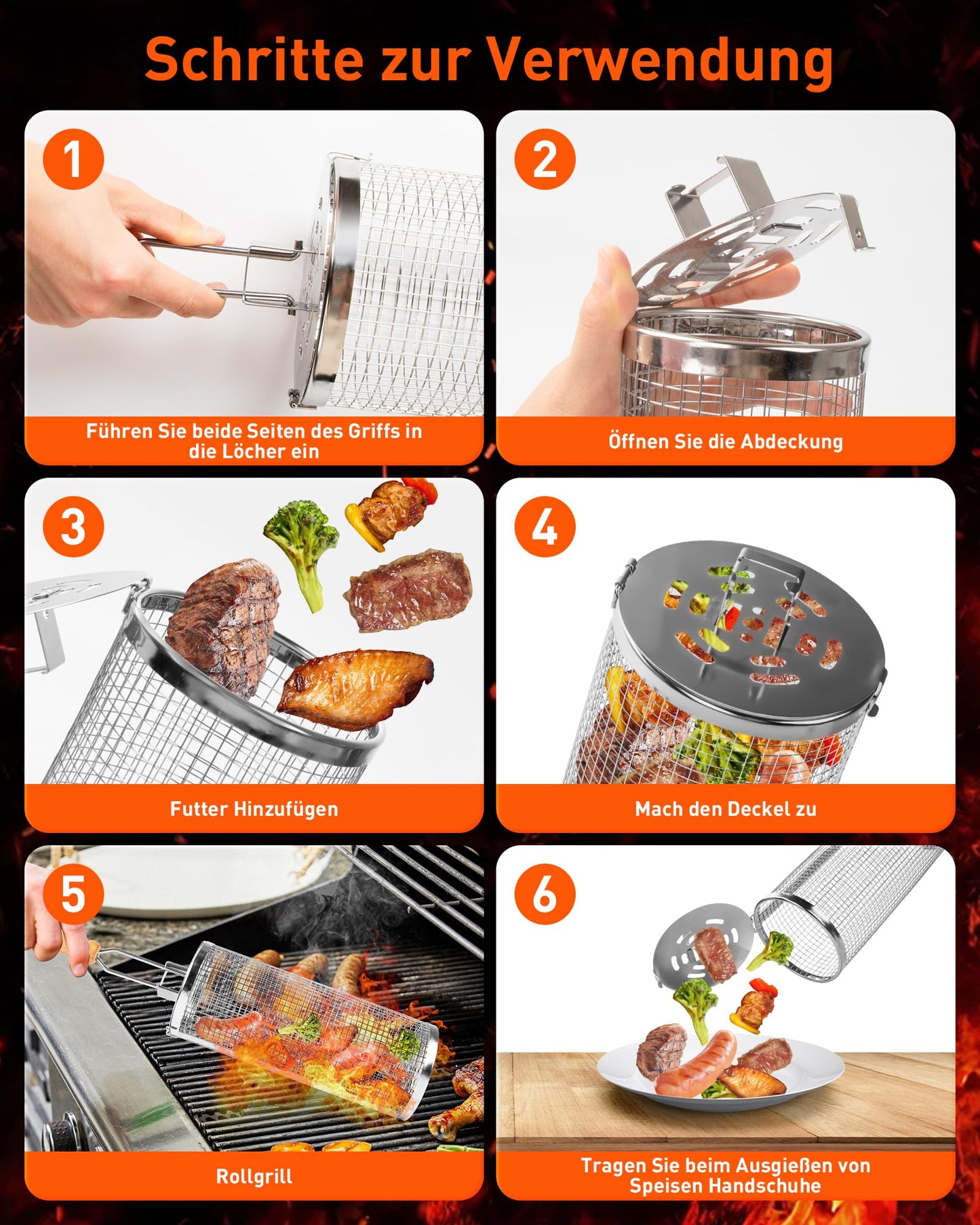 OWZ Rolling Grill Basket Set - 2 pieces of stainless steel grill basket with wooden handle - Rolling Grilling Basket - for outdoor camping grill, grilled vegetables, meat skewers, seafood, etc. (31.8 * 9.5CM)