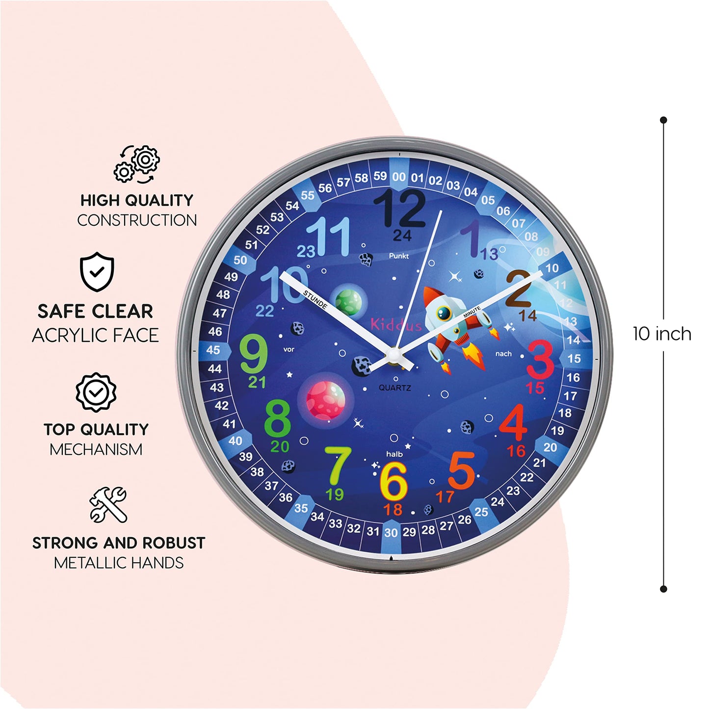 Kiddus Kids Wall Clock, Boys and Girls, Analog Learning Clock with Time Learning Exercises, Kids Clock No Ticking, Children's Room Silent, School, Clock hands English