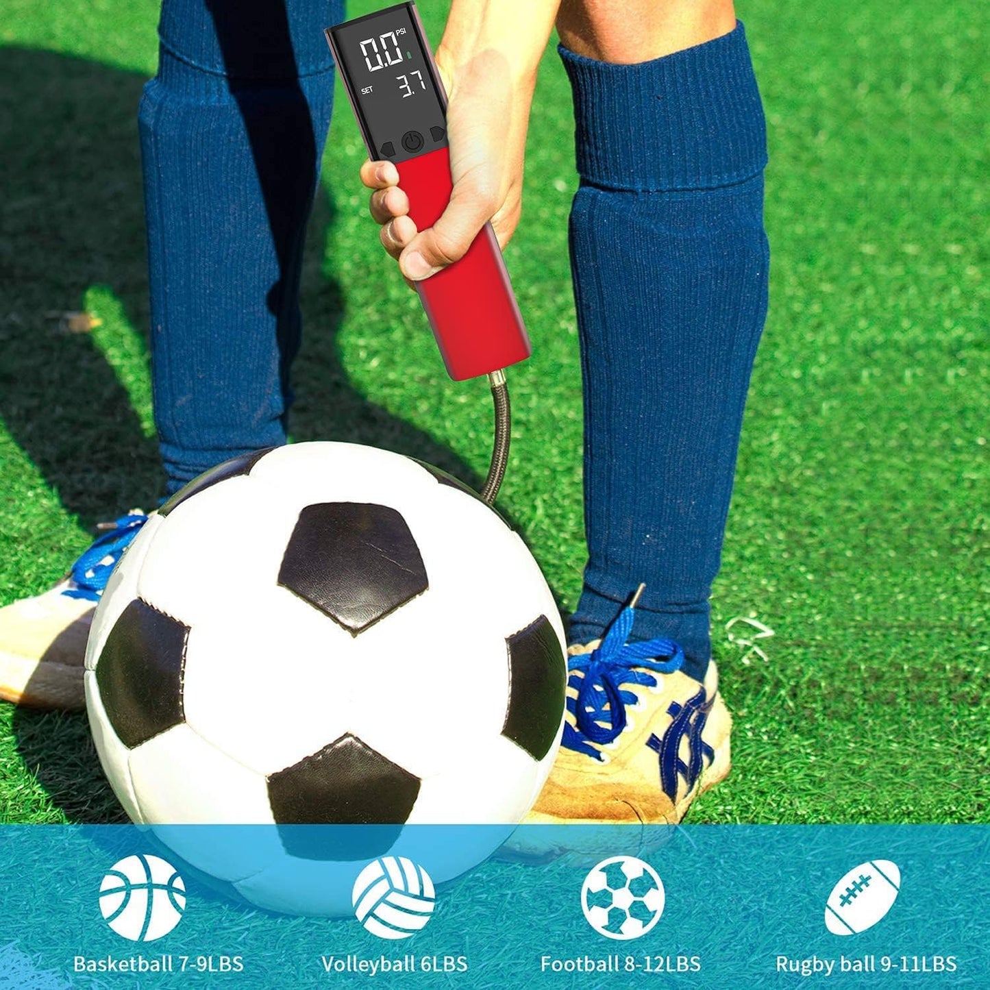 Electric ball pump, Smart air pump, Portable, Quick inflation of ball with precise gauge and digital LCD display for soccer, basketball (2 needles and 1 nozzle) Red.