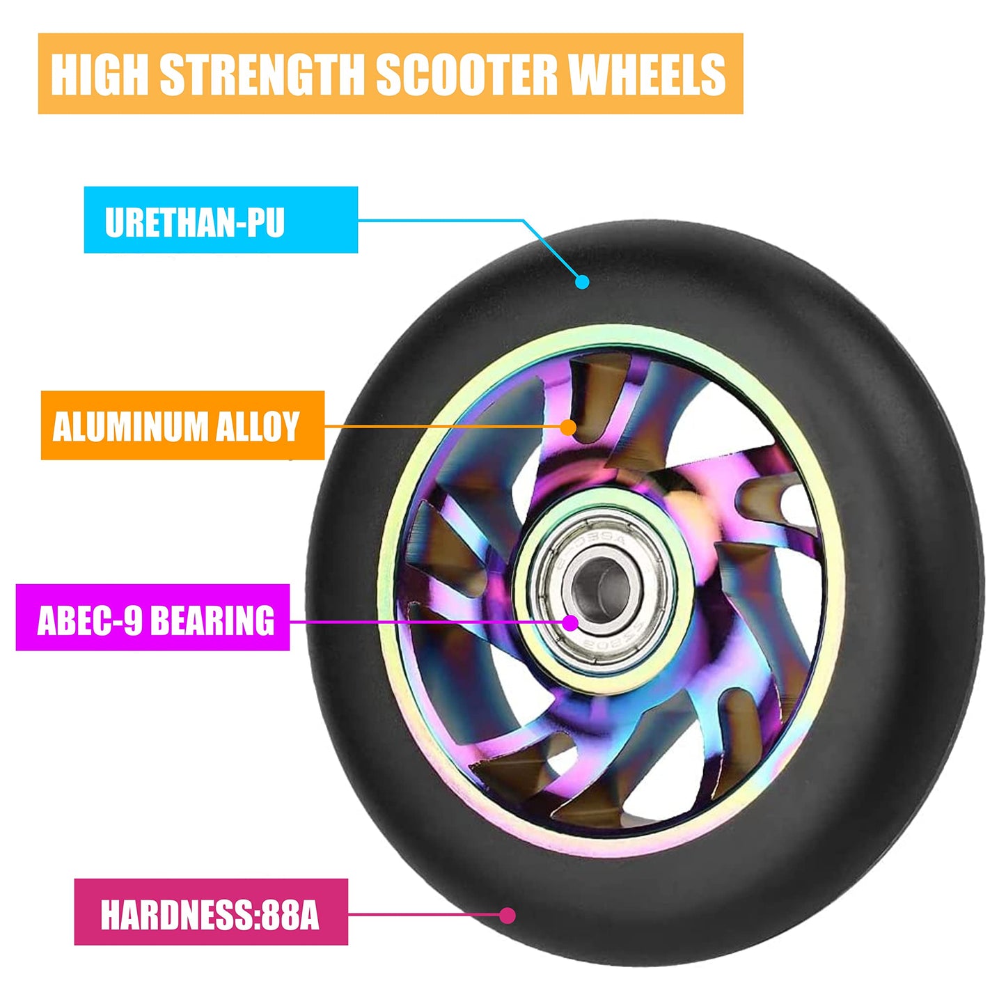 Yungeln 2 pieces 110mm stunt scooter replacement wheels 110 x 24mm 88A solid tires with ABEC-9 bearings compatible for most stunt scooters and kick scooters