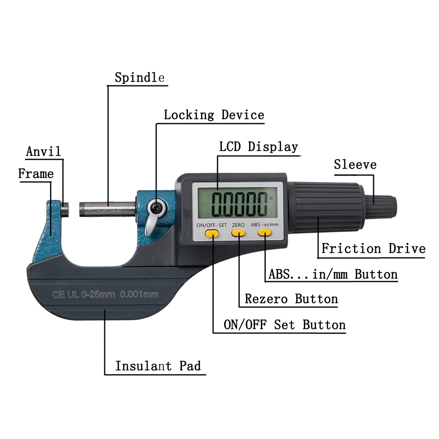 Beslands micrometer digital caliper 0-25mm/0.001mm high precision electronic digital micrometer micrometer caliper length measuring tool micrometer 0.001mm(0.00005")