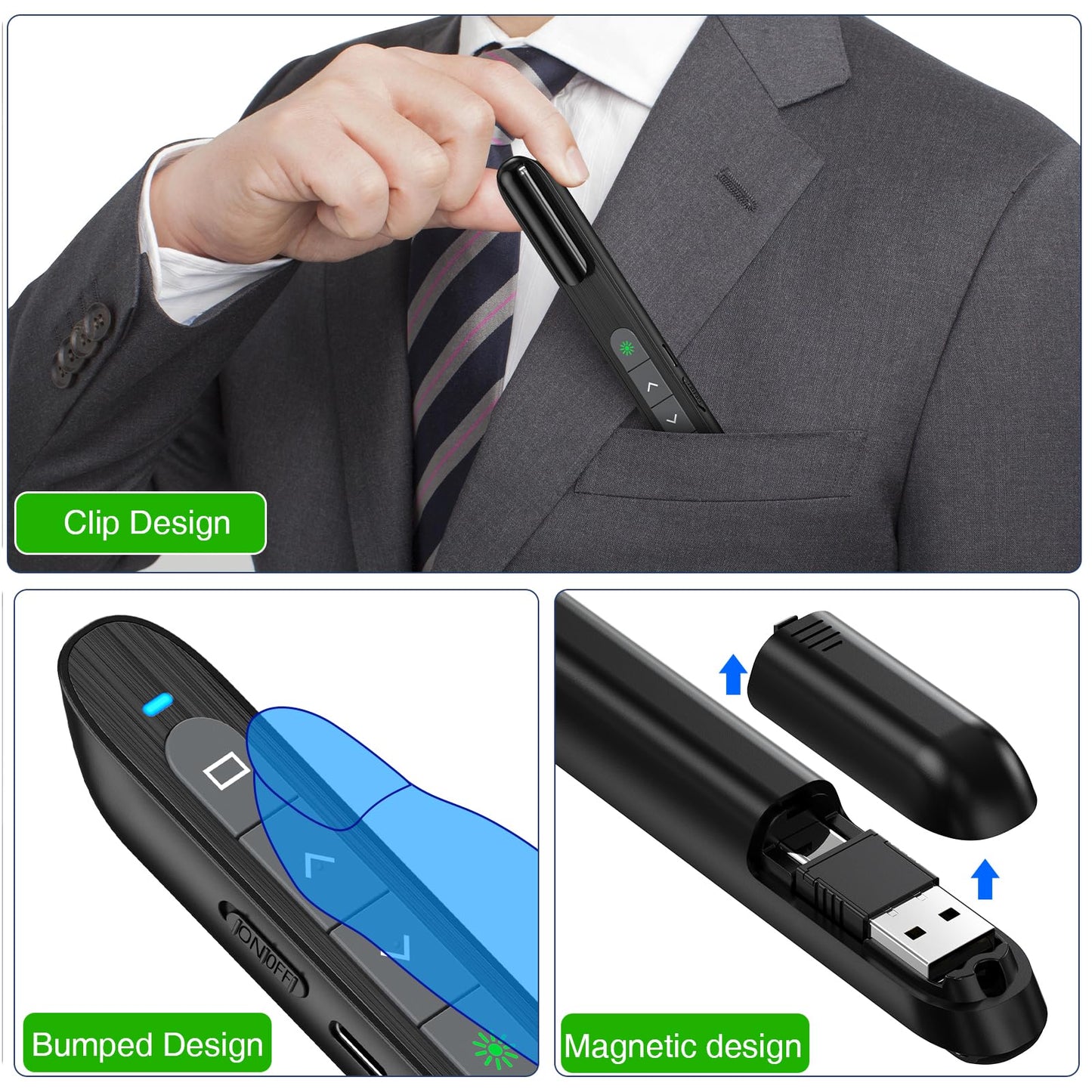 Rechargeable USB C Green Presenter, 2.4 GHz Wireless PowerPoint Remote, Green Pointer for Presentations, Presentation Remote for Windows/Mac/PowerPoint/Keynote/Google Slides/PDF.