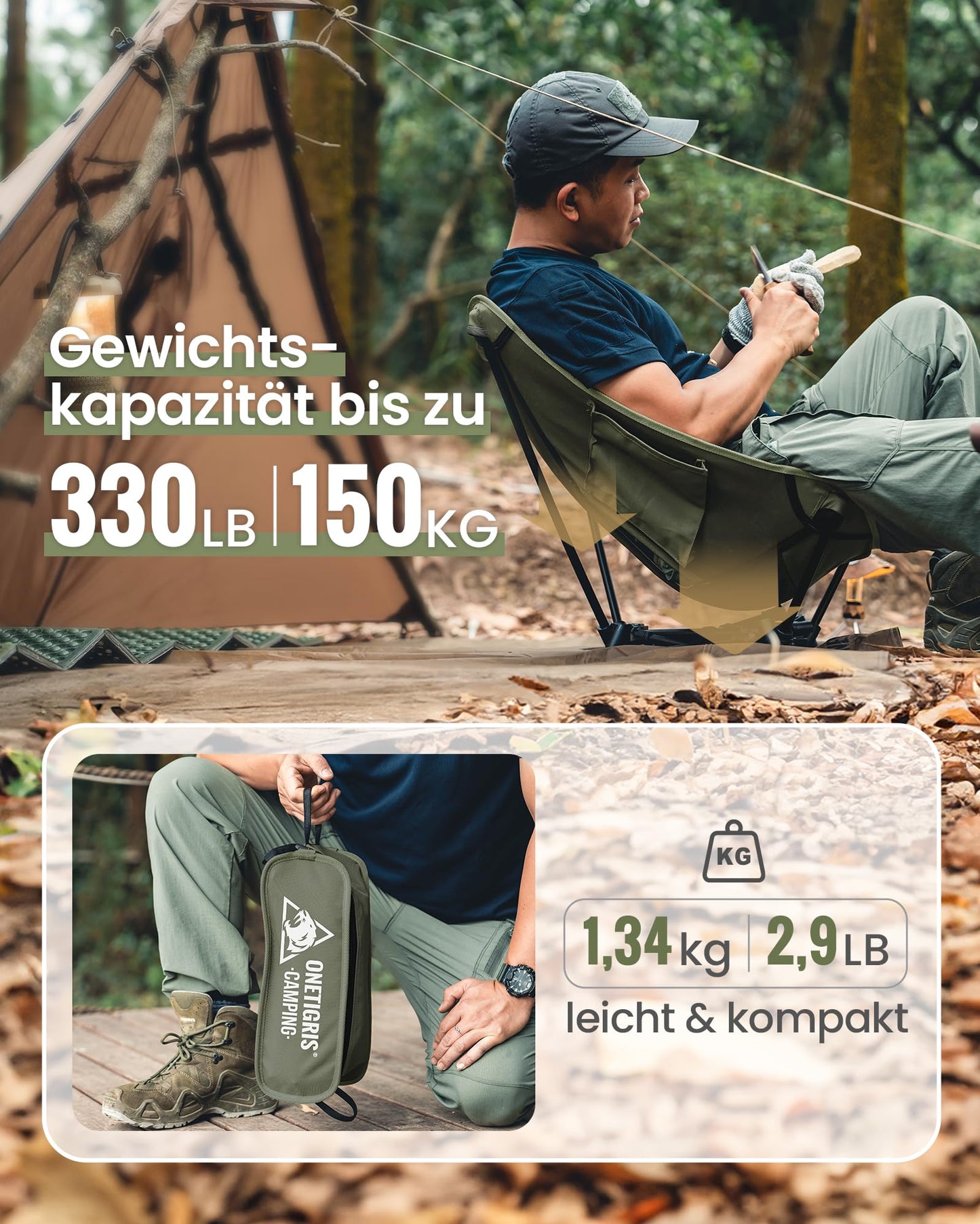 OneTigris TIGERBLADE folding camping chair 150 kg, lightweight triangle frame, ultralight folding chair, with 2 side pockets for outdoor, hiking (Ranger Green)