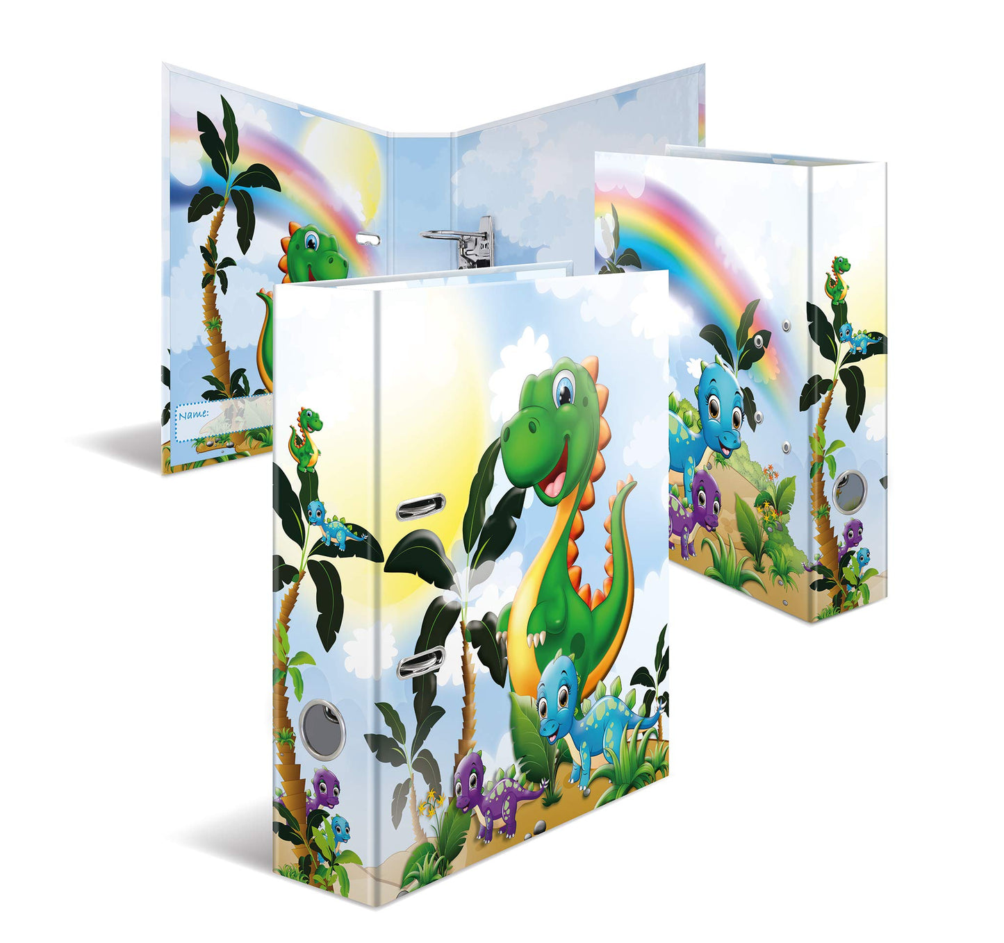 HERMA A4 Dino Set with 10 folders, 7 cm wide. Ring binder featuring kindergarten dinosaur design. Colorful file organizer with inner print for boys, girls, and kids.