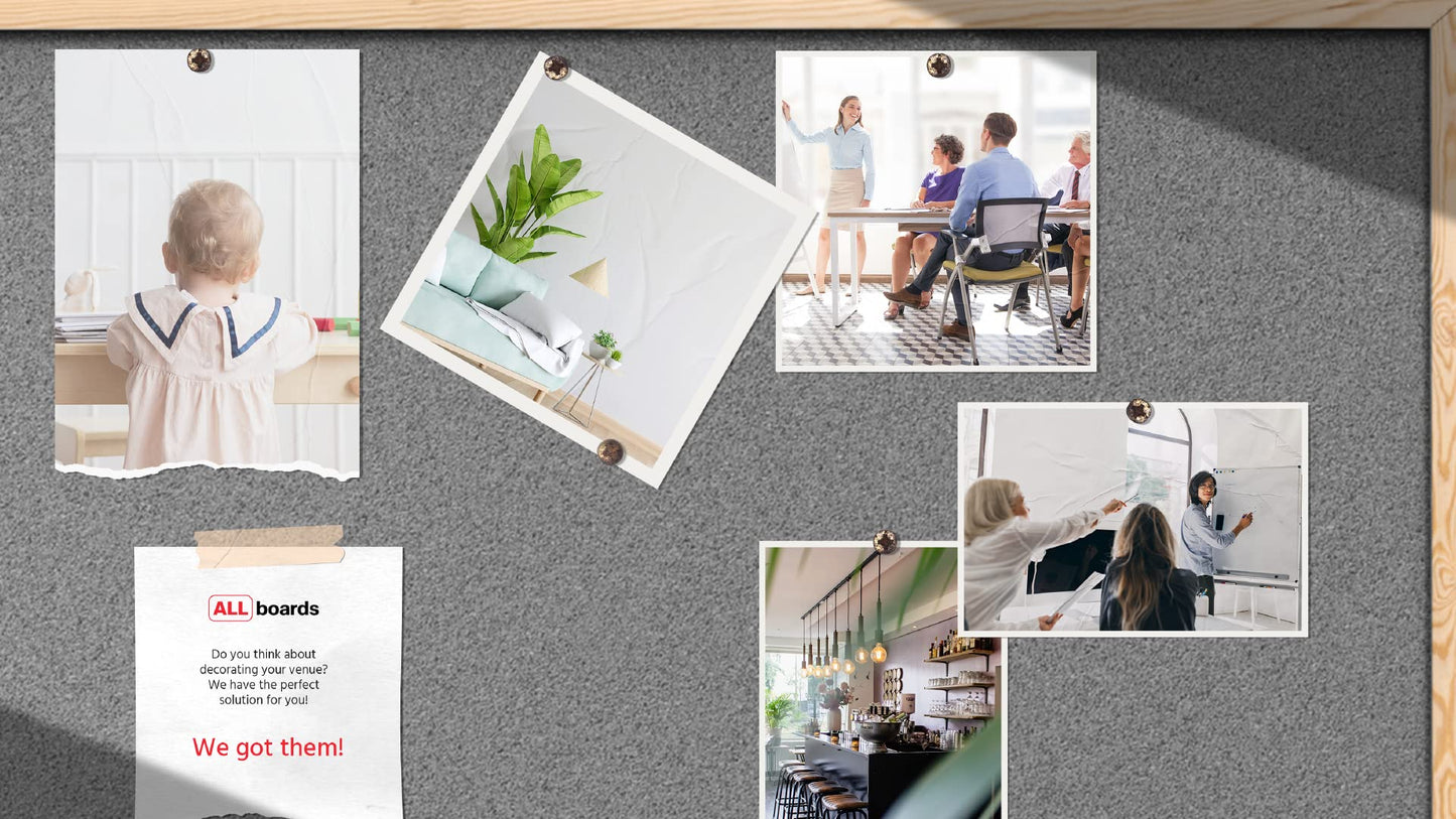 ALLboards Gray Pinboard with Wood Frame 90x60cm Corkboard Cork Wall Pinboard Cork Gray Surface