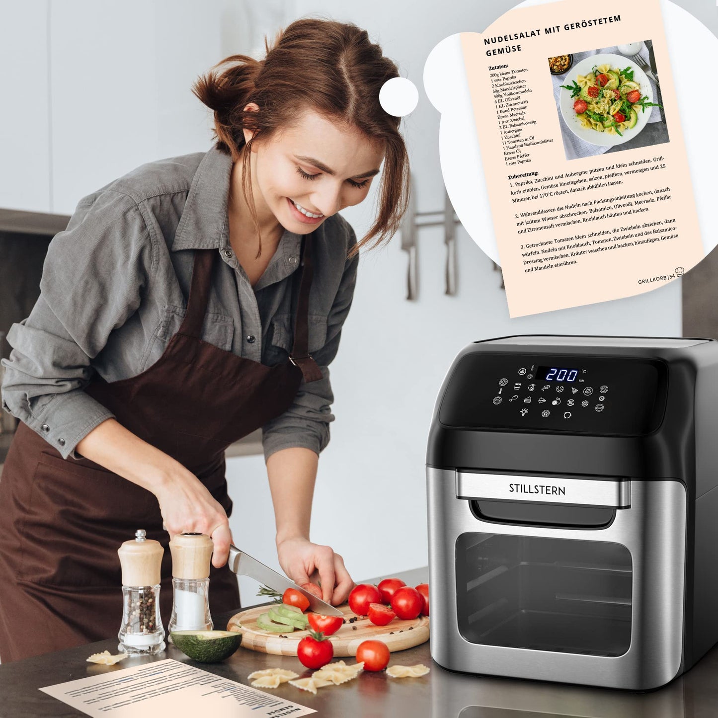 Stillstern Hot Air Fryer 12L with LED Touchscreen, XXL recipe book in German, 12 programs, preheat & keep warm, 1800W Hot Air Fryer Air Fryer XXL without oil dehydrating mini oven camping grill