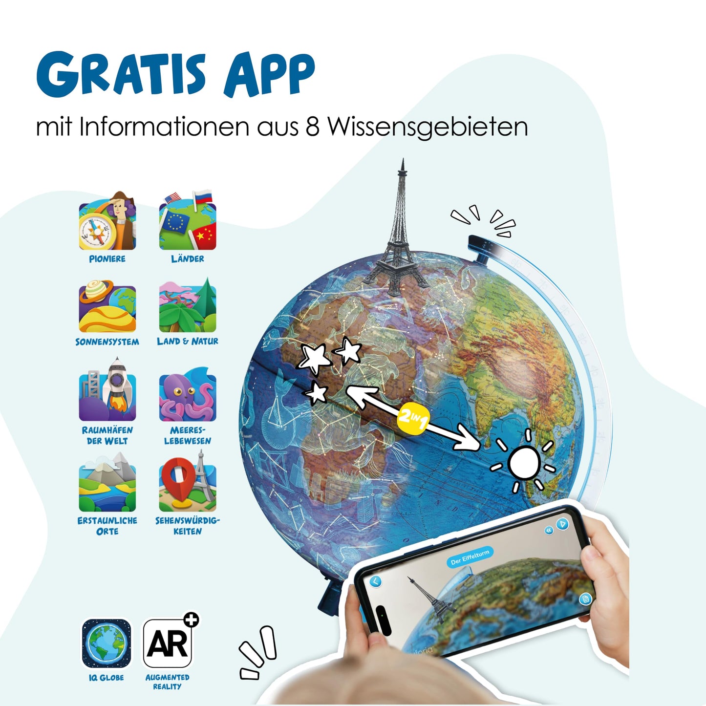 alldoro 68640 Interactive 3D Globe Ø 32 cm, children's globe with relief, German map image & zodiac signs, with app function, wireless & illuminated.