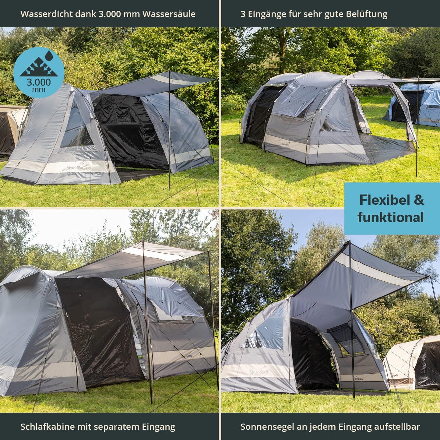 Skandika Kambo tunnel tent for 4 people | tent with sleeping cabin for 4 men, waterproof with 3000mm water column, 3 entrances, sunshade, awning | camping tent in grey/beige