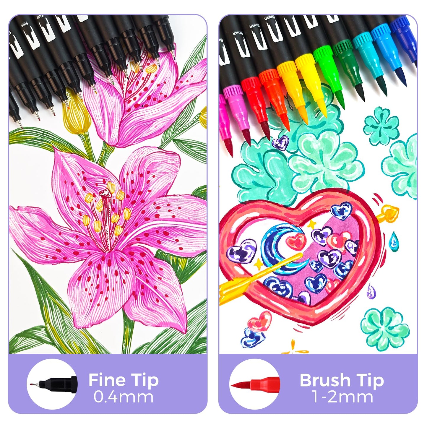 Artecho Dual Brush Pen Set 72 Colors with Black Carrying Case, Felt Tip Pens Thick and Thin, Brush Pens Set, Pens for Bullet Journal, Calligraphy, Manga, Coloring Books, and Hand Lettering.