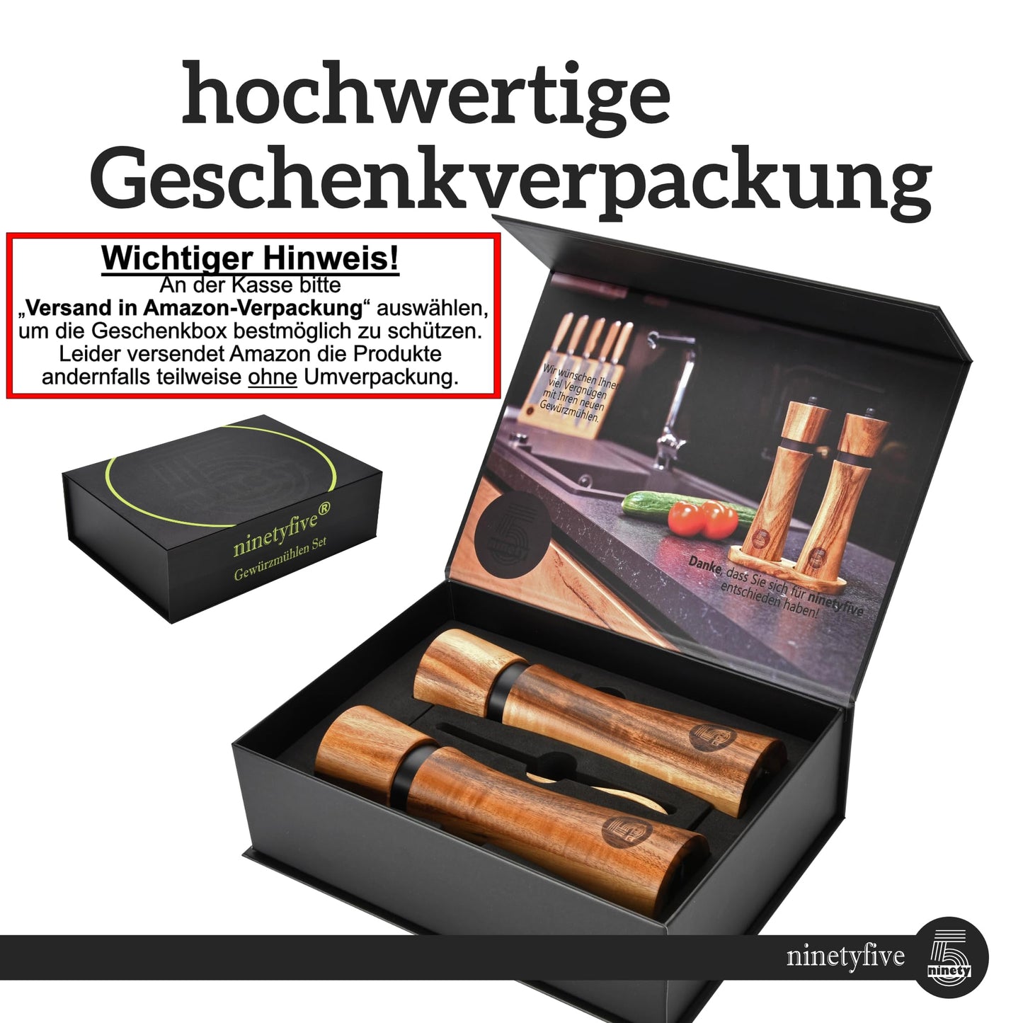 ninetyfiveยฎ premium wooden pepper mill set | salt and pepper grinder + coaster and filling spoon made of acacia wood | spice mills with ceramic grinder (21cm) | high-quality gift packaging