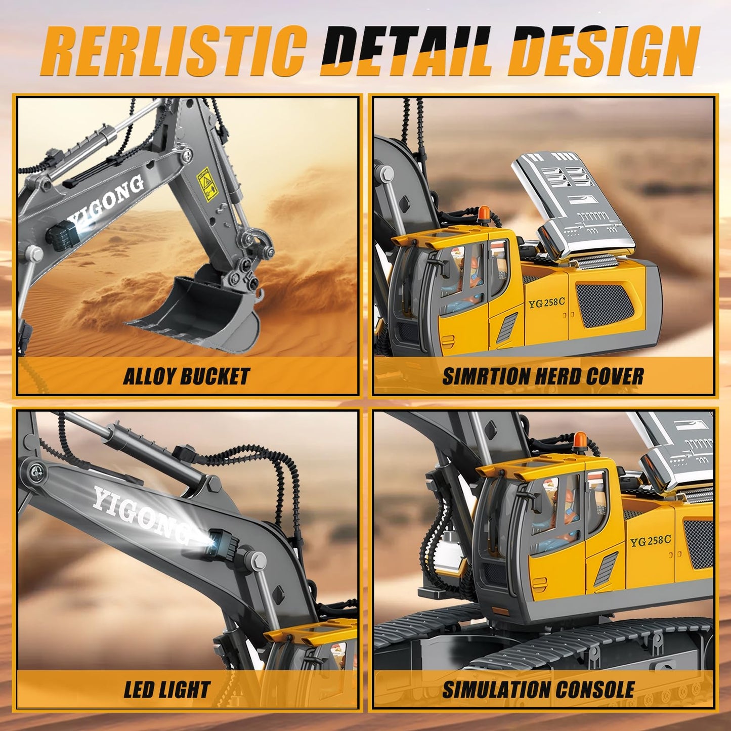 KIYTARBOO Remote Control Car Excavator Toy for ages 3 and up. Metal remote control sand vehicle, 11 channels, 2.4GHz RC excavator with lights and sound, 680° rotation. Great gift for boys aged 5-12.