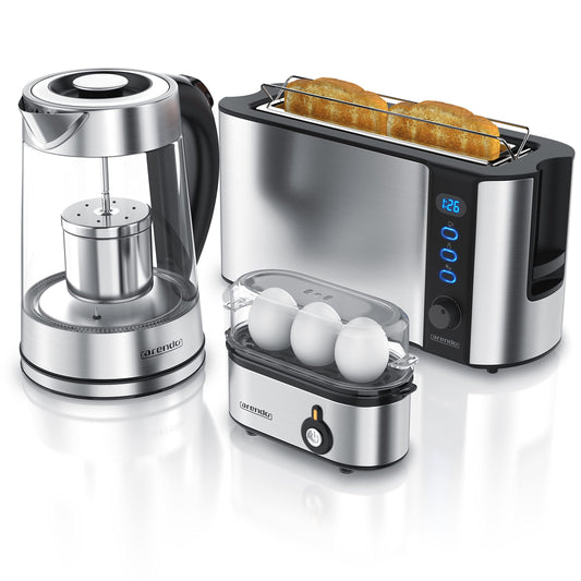 Arendo - Kettle with Toaster SET, Stainless Steel Glass Kettle with Tea Infuser + Temperature Control 1.7 L - Stainless Steel 2 Slice Long Slot Toaster Stainless Steel Egg Cooker for 1-3 Eggs