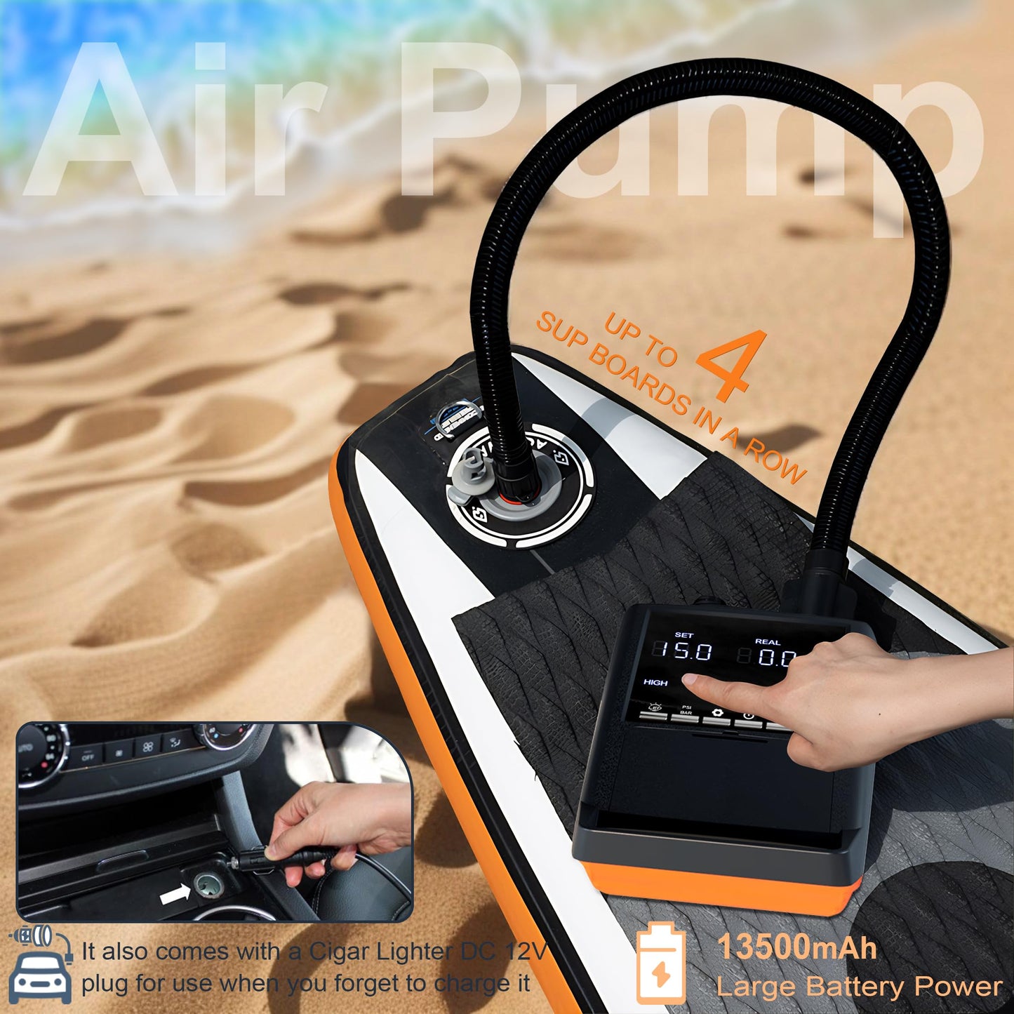 Mojimdo Electric SUP Pump Battery, 20PSI Rechargeable Air Pump, Power Bank and Emergency Light, Auto-Off, 12V DC & Type-C, with 6 Nozzles, for Stand Up Paddle Boards, Kayaks, Tents, Mattresses.