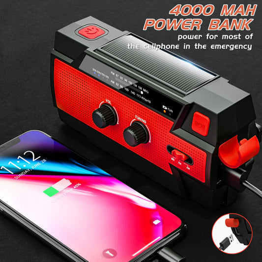 YIKANWEN Solar Radio, AM/FM Crank Radio Portable USB Emergency Radio with 4000mAh Rechargeable Battery and Hand Crank Dynamo for Camping, Travel (Red)