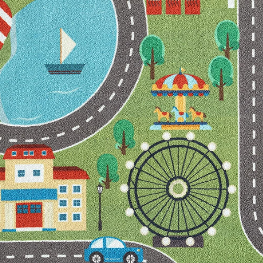 Children's play rug with cityscape on grass in green size 80x150 cm.