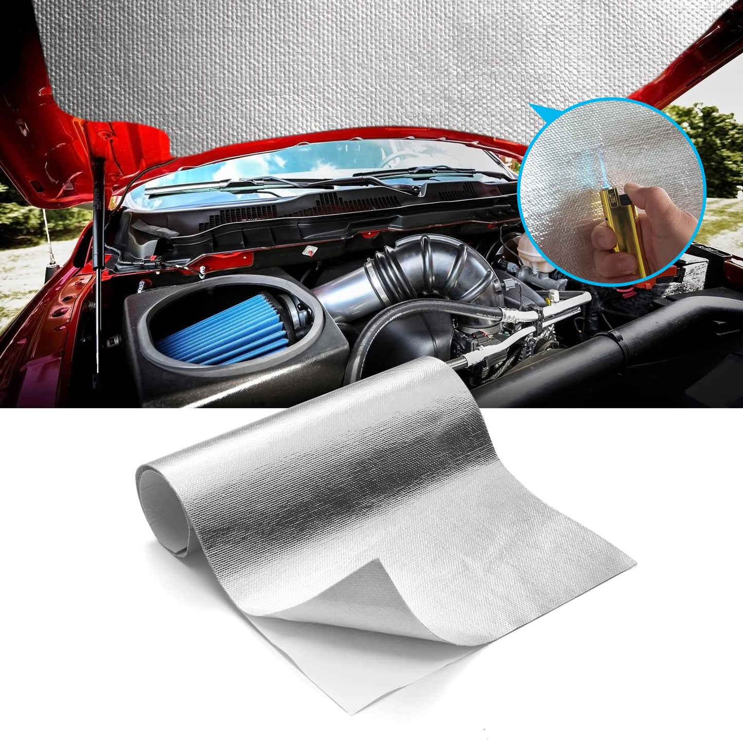 FLASLD Aluminized heat shield mat, thermal barrier, self-adhesive back, heat blanket, 100 x 100 cm, fiberglass insulation, reflective material, high temperature protection.