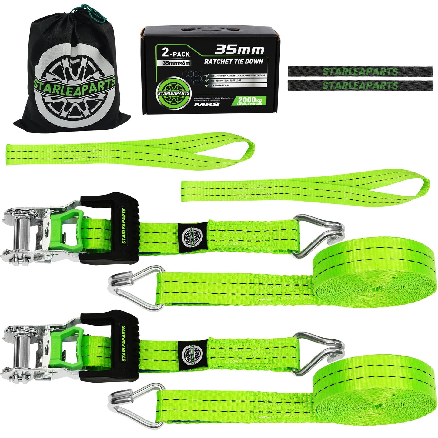 StarLeaparts 2-piece set ratchet tie-down straps, 6m x 35mm. Professional two-piece wheel straps, rated up to 2000kg. Ratcheting straps for car transport vehicle wheel security, Green.