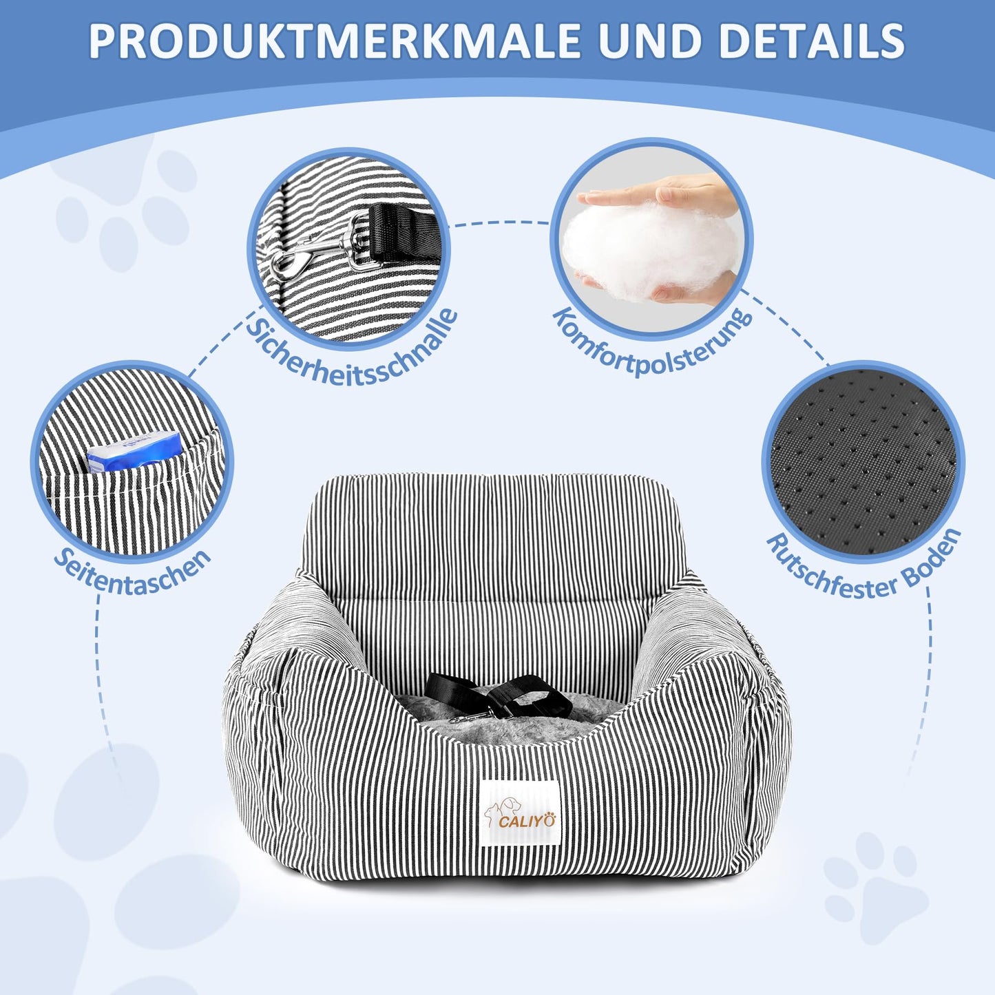 CALIYO dog car seat with sturdy base & safety belt | dog car seat for small up to 10 kg | memory foam seat cushion | waterproof, washable dog basket with storage bag (black/white)